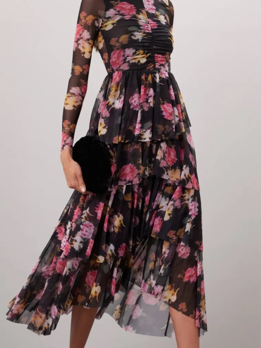 Ted Baker Black Floral Tiered Maxi Dress with Pink & Yellow Blooms